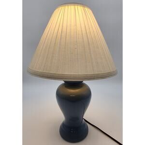 Modern Vintage Glossy Light Blue Ceramic Table Lamp 16.5" Pleated Shade 1970s